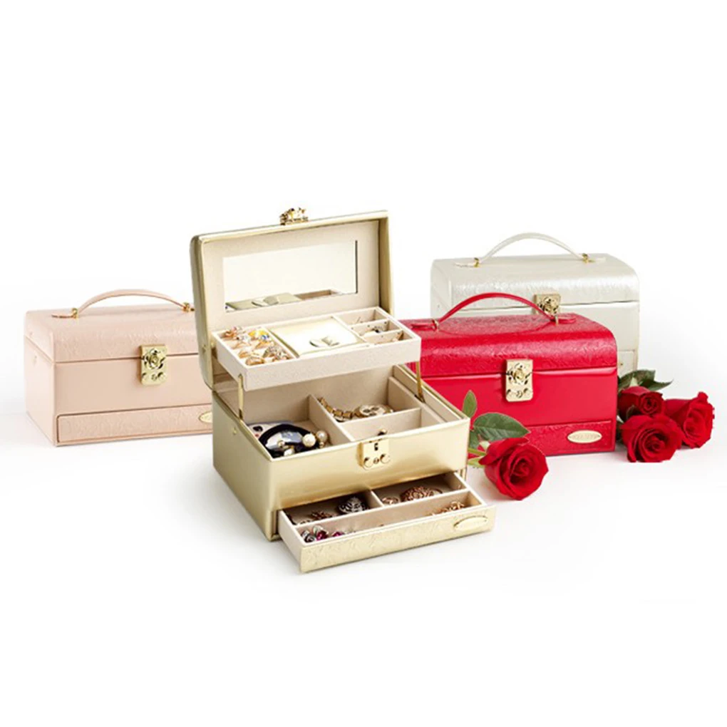 

New Portable Lockable PU Leather European Style Jewelry Display Cosmetics Case Organizer Container Box