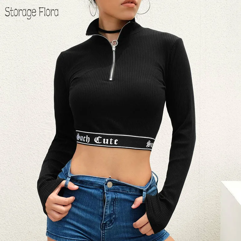 

Storage Flora Sexy Women Long Sleeve Sweatshirts Pullovers Letter Print Navel Bare Crop Tops Stand Collar Zipper Ribbed Hoodie