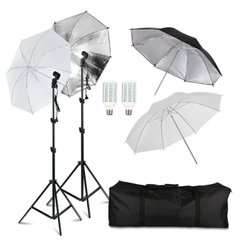 

20W LED Photography Dual Photo Umbrella Lighting Video Continuous Light Kit-Black/Silver &White Umbrella Reflector