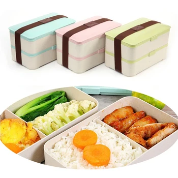 

UPORS 1.2L Kids Lunch Box 2 Layer Japanese Natural Wheat Straw Bento Box Microwave Available BPA Free Reusable School Lunch Box
