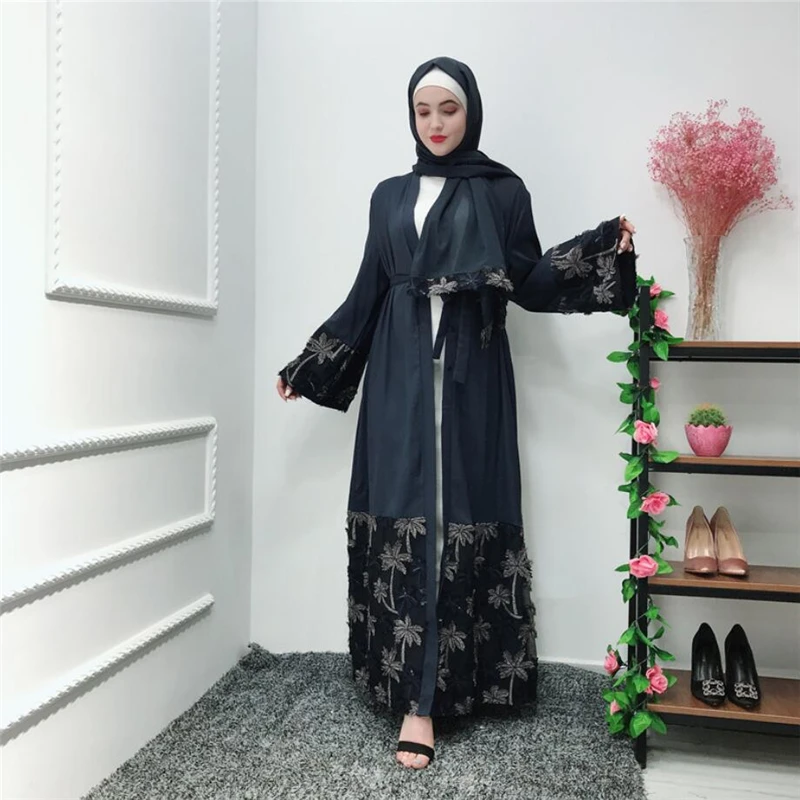 2019 кружевные платья-кафтаны abaya мусульманские женские открытые кимоно abaya исламские дамы одежда длинное платье в турецком стиле Дубай