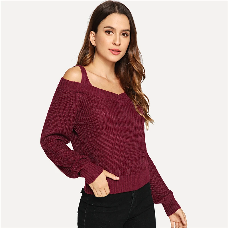 COLROVIE бордовый вязаный Повседневный свитер с открытыми плечами и длинным рукавом для женщин,, уличная одежда, пуловеры, зимний джемпер, свитера