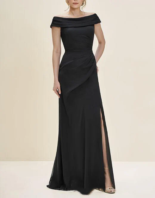 

2019 Black Chiffon Side Split Bateau Ruched Mother Of The Bride Dress Madre De La Novia