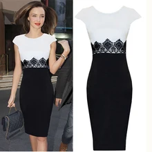 Nice Fashion Lace Stitching Black White Color Short Sleeve Pencil Sweet Elegant Intimate Dresses woMen Clothing
