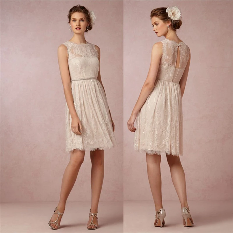 

Hot Sale Elegant Lace Short Bridesmaid Dresses 2019 Knee Length A-Line Prom Dresses Party Gown Beaded Waist Tank 2015