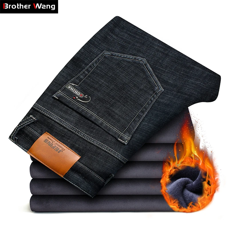 

2019 Winter New Men's Warm Black Jeans Elasticity Slim Fit Thicken Denim Pants Brand Trousers Male Bule Big Size 38 40 42 44 46