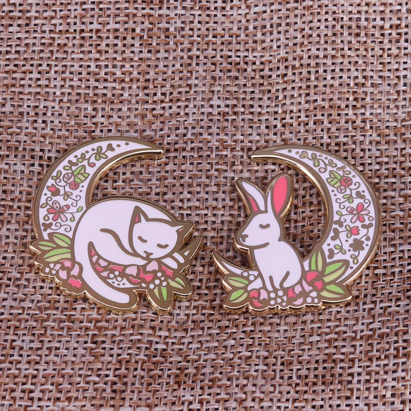 

Napping Cat and rabbit hug moon pin brooch set