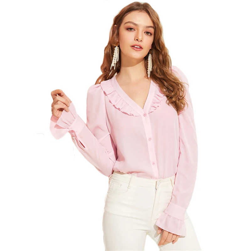 SHEIN романтическая розовая однотонная блузка на пуговицах с оборками и v-образным вырезом, женские весенние элегантные милые топы и блузки с рукавами-воланами