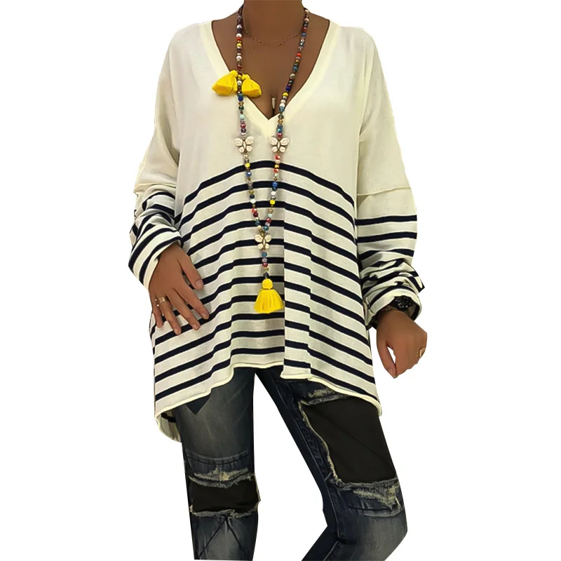 

2019 New Women Top Autumn Print Striped V-neck Long Sleeve Blouse Knitwear Streetwear Women Shirts Womens Tops and Blouses Modis