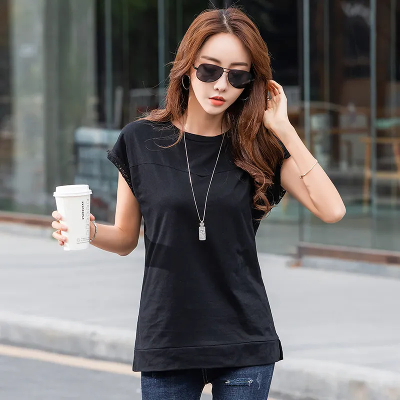 Летняя однотонная Повседневная футболка с кисточками для женщин Kawaii футболка для женщин топ женская синяя футболка черная белая рукав летучая мышь T42 - Цвет: black