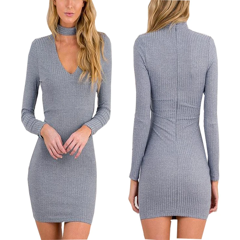 

Sexy Package Hip Dresses Clubwear 2019 Winter Autumn Women Mini Dress Hollow Out Choker V-neck Long Sleeve Bodycon M0609