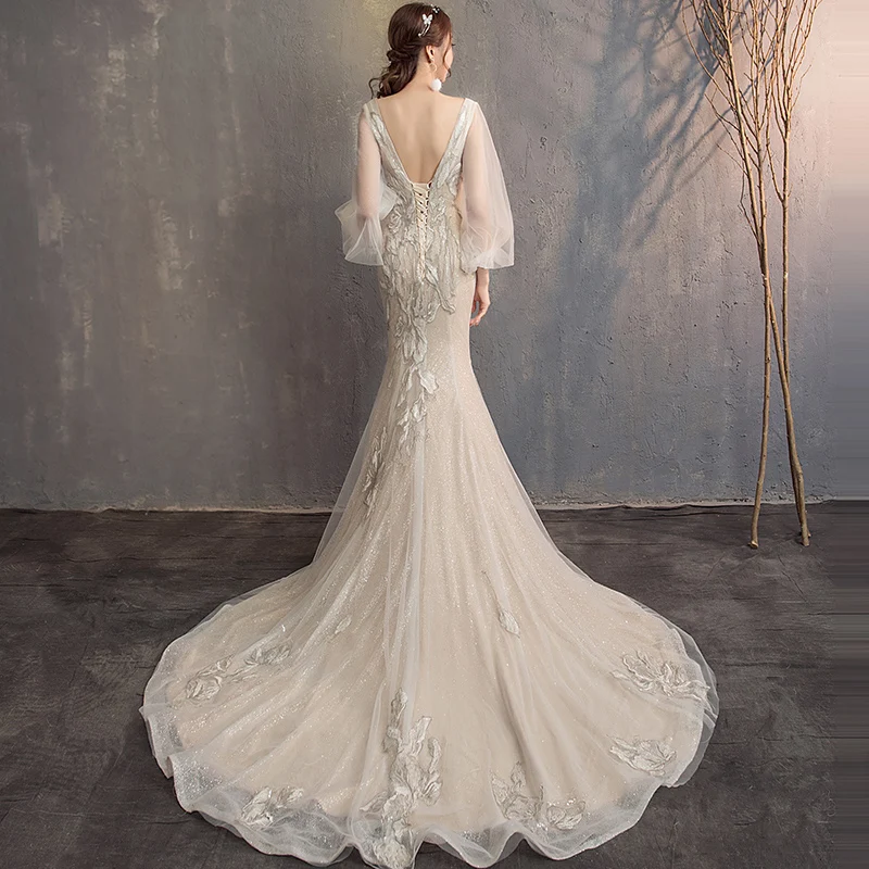 Это свадебное платье YiiYa,, длинный рукав-фонарик, v-образный вырез, свадебное платье es,, плюс размер, Русалка, vestido de noiva G076