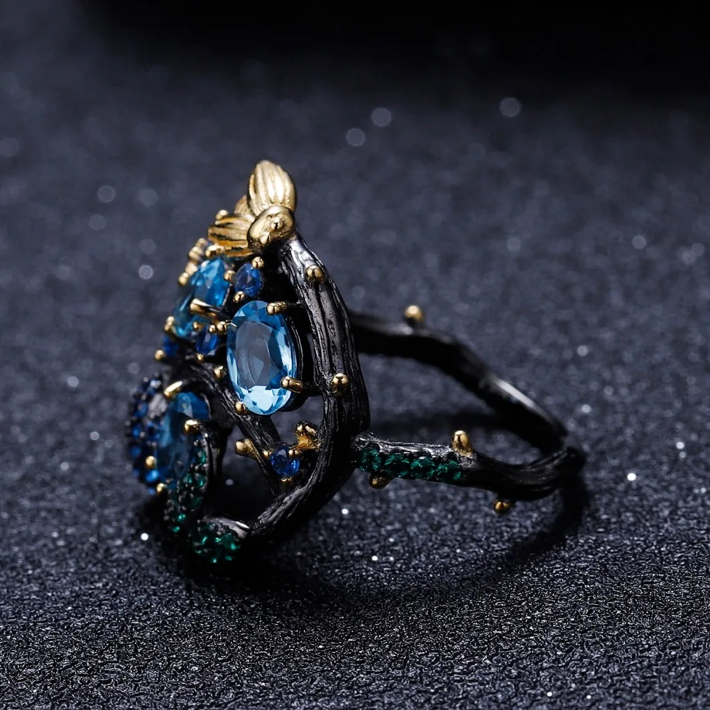 GEM'S балетные 925 пробы, серебряные ювелирные изделия ручной работы, натуральный Швейцарский Голубой Топаз, кольцо, Золотая пчелиная ветка, кольца для женщин, свадебные