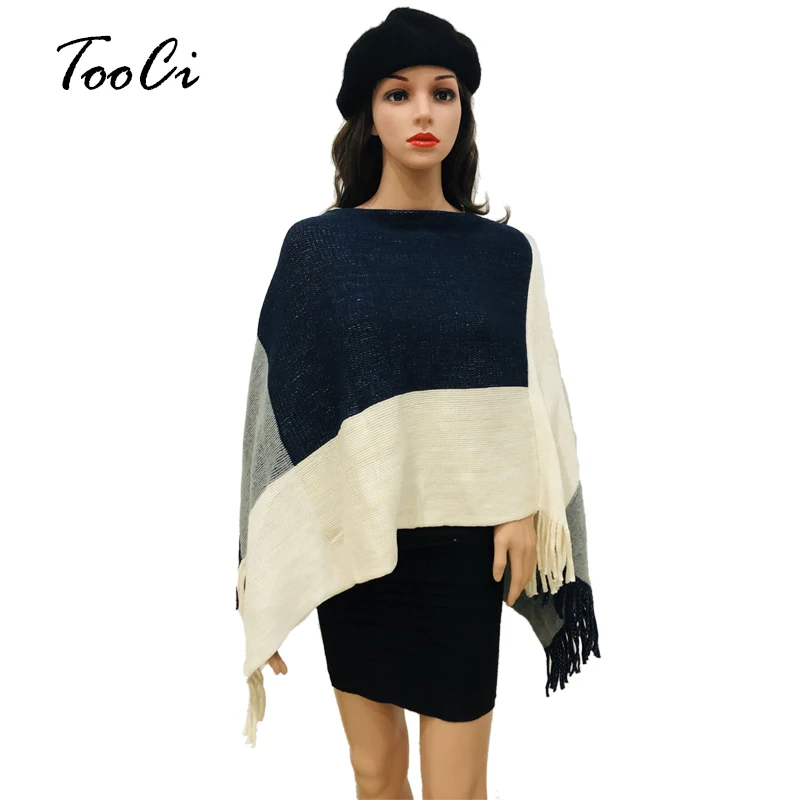

2018 Autumn Winter Dark Blue Sweater Lady Square Stitching Tassels Poncho Long Knitted Pullovers Knitted Cape Women Poncho Coat