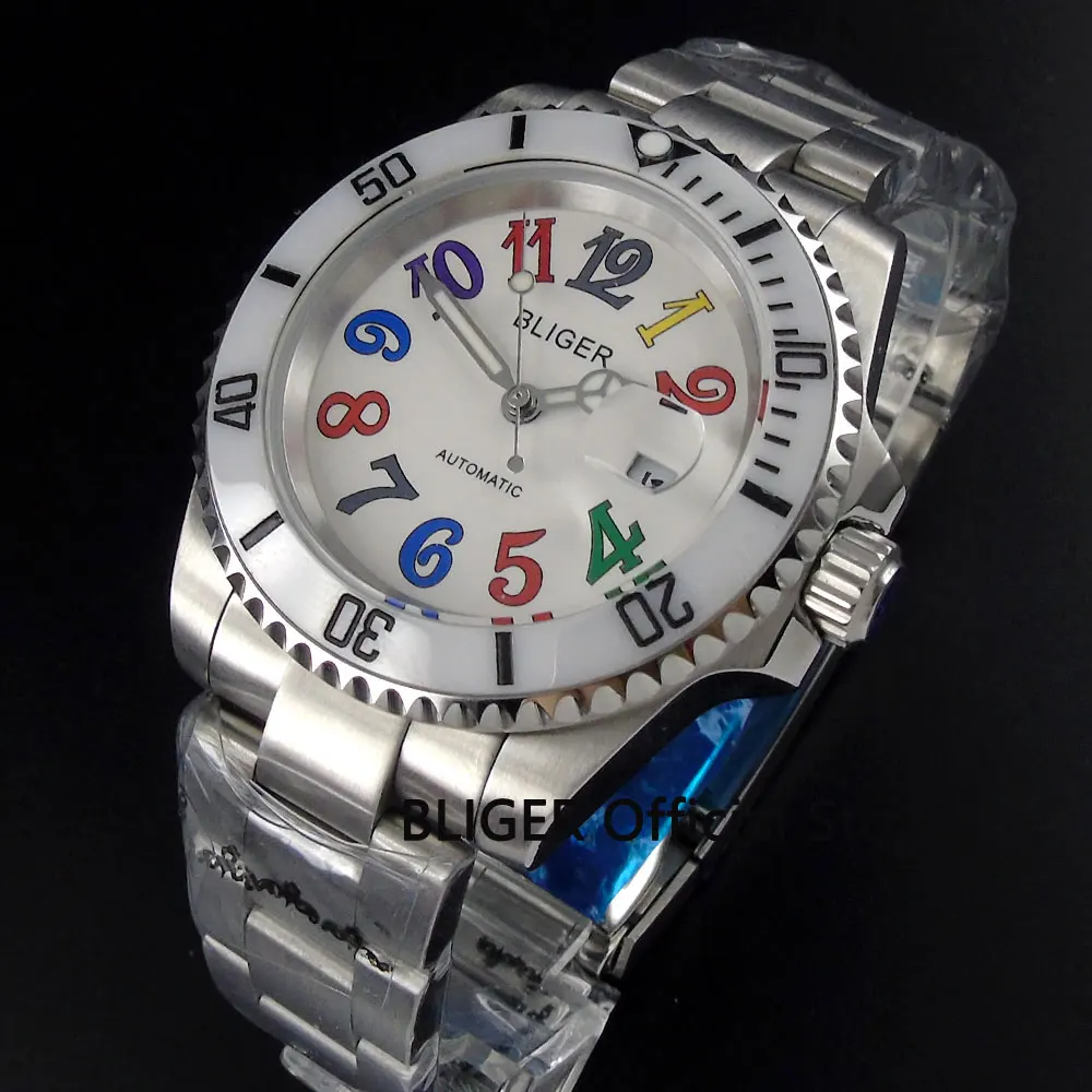 BLIGER Sapphire glass luminous marks Luxury 40mm white dial green