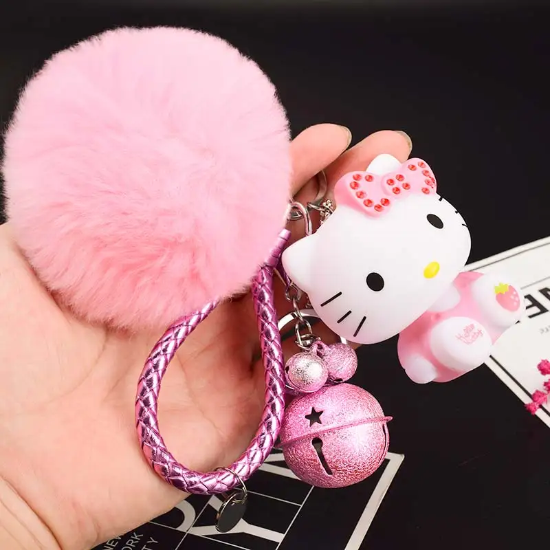 Милый мультфильм рисунок «Hello Kitty» меха кролика мяч помпон Pom подвески-Помпоны ремешок для женщин из металла брелки-цепочки автомобиля сумку очарование D151 - Цвет: 2