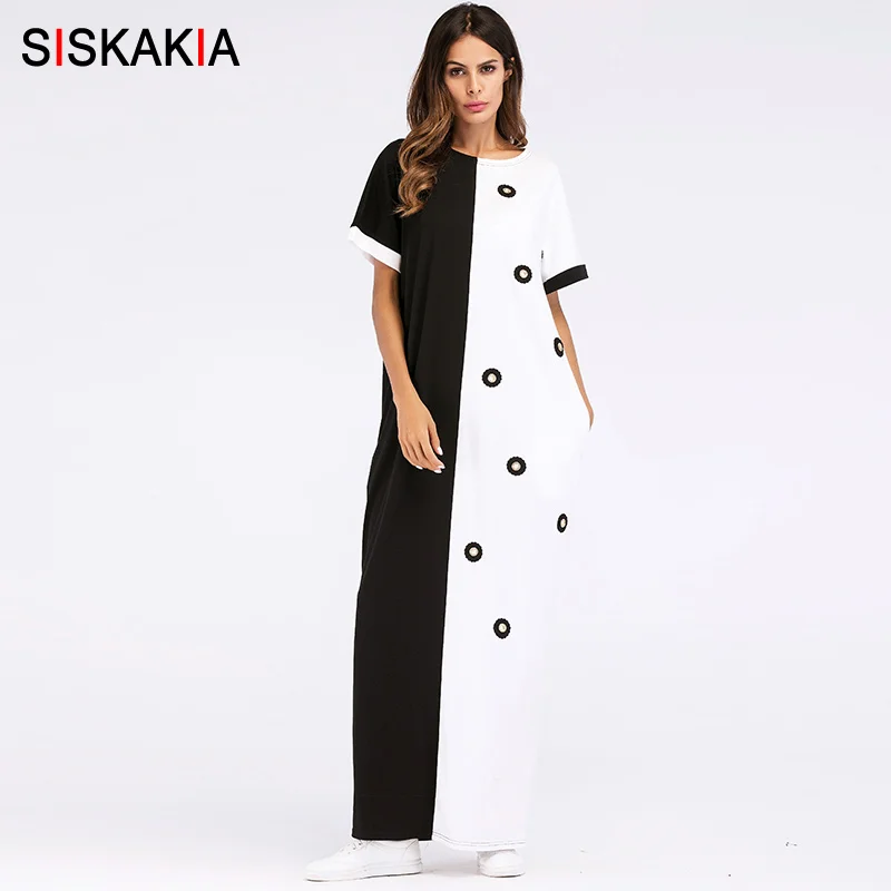 

Siskakia Diamond Appliques design Maxi long Dress summer 2018 ladies color block T shirt dresses plus size Female Urban Casual