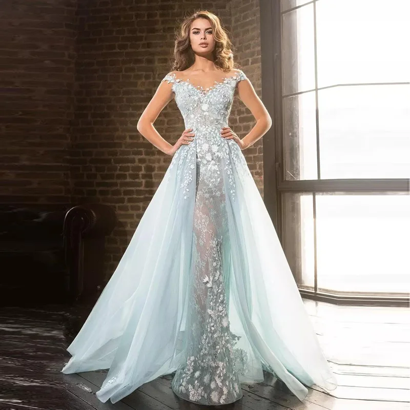 

2018 Light Blue Overskirts Prom Gowns Arabic Mermaid Sheer Jewel Lace Applique Beads Tulle Formal Evening Party Gowns Vestido