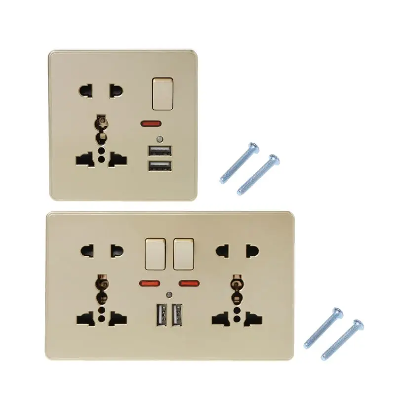 

Wall Socket With LED Light Switch 86 Type 5 Holes Double USB Gold PC Panel
