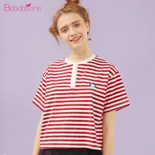 Bebobson, женские летние топы, короткий рукав, круглый вырез, милая девушка, вышивка, Боттон, красная полосатая футболка, женская короткая футболка, свободная