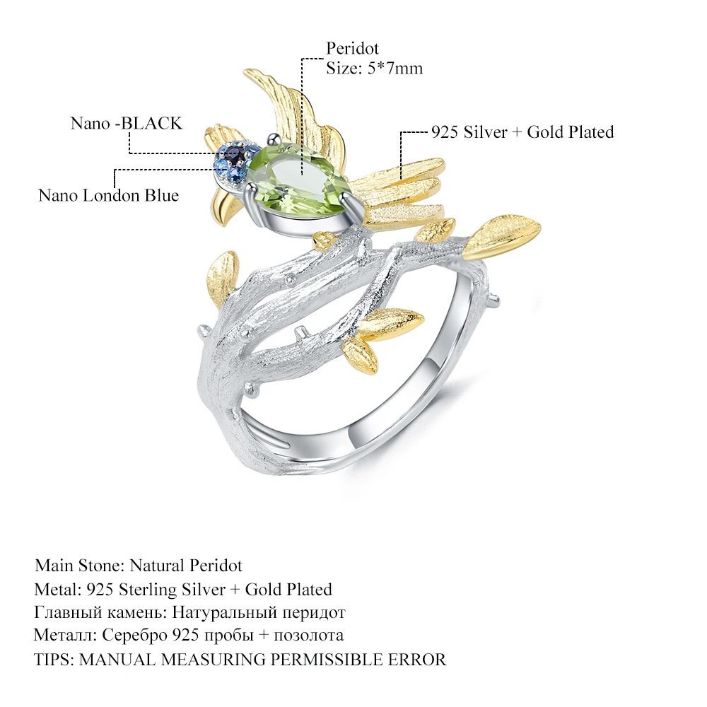 GEM'S балетные 925 пробы серебряные ювелирные изделия 0.78Ct натуральный зеленый перидот драгоценный камень кольцо птица на ветке кольца для женщин подарок