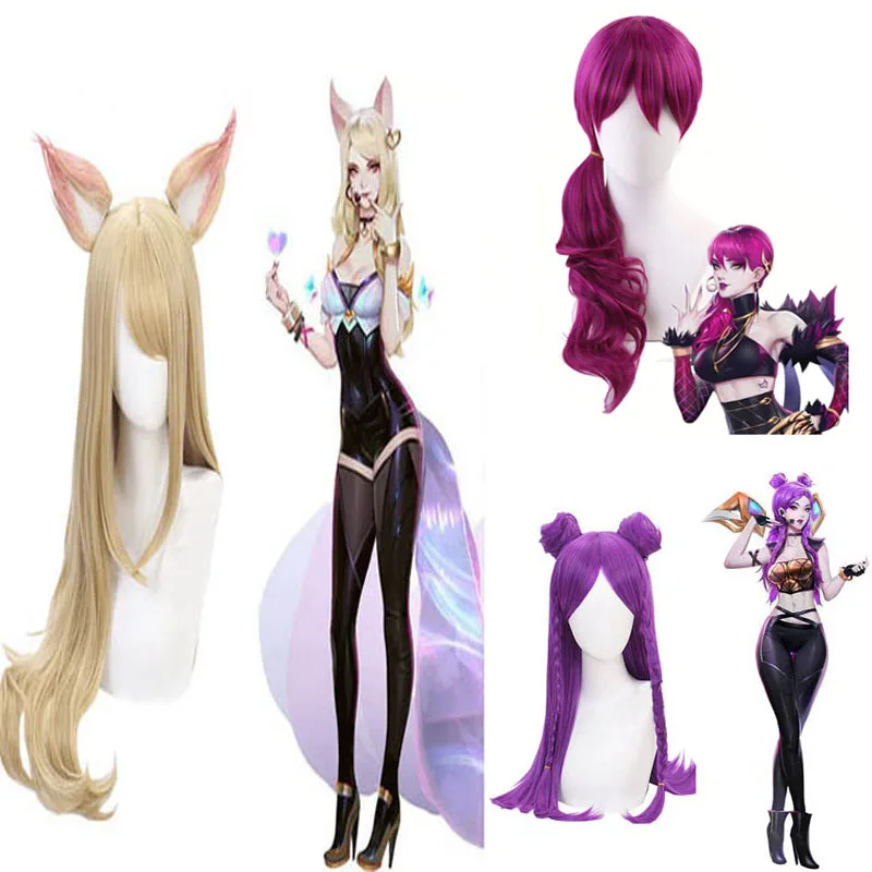 

2019 Game LOL KDA Ahri Akali Kaisa Evelynn Cosplay Costume Wigs Women Akali Evelynn Ahri Kaisa Hair Cosplay Purple Gold Wigs
