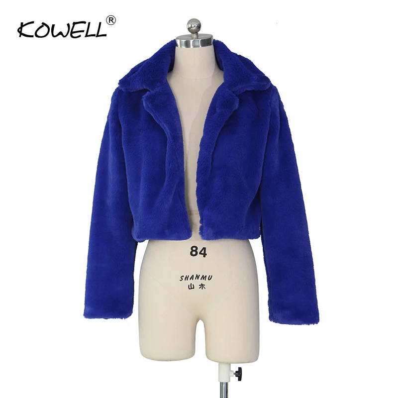 Горячая Распродажа, модное салатовое короткое пальто из искусственного меха, зимний неоновый флуоресцентный теплый кардиган, укороченная куртка, пушистые плюшевые пальто - Цвет: Синий