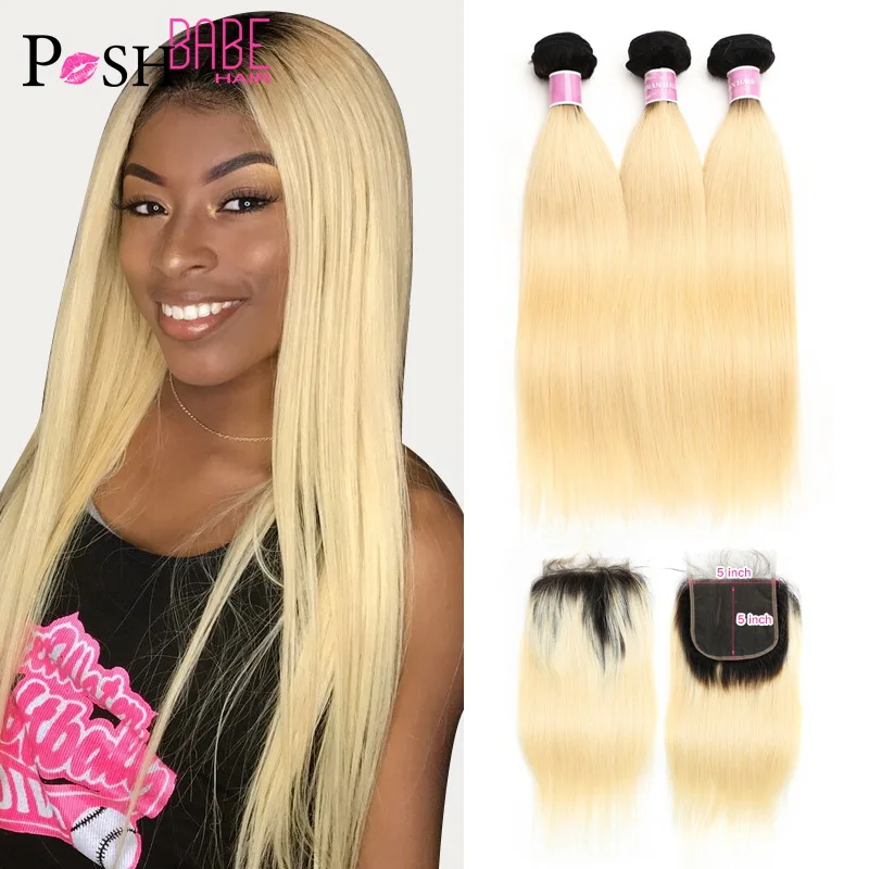 5 5 Closure With Bundles 1b 613 Honey Blonde Ombre Straight Human