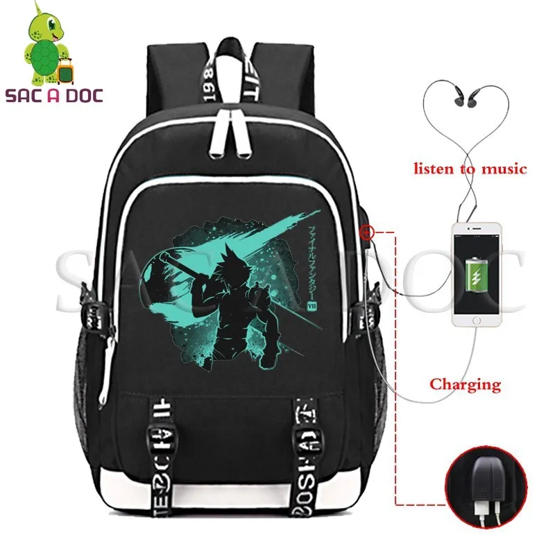 

Final Fantasy Cloud Fluorescence Backpack Women Men Multifunction USB Charging Laptop Backpack for Teenagers School Travel Bags