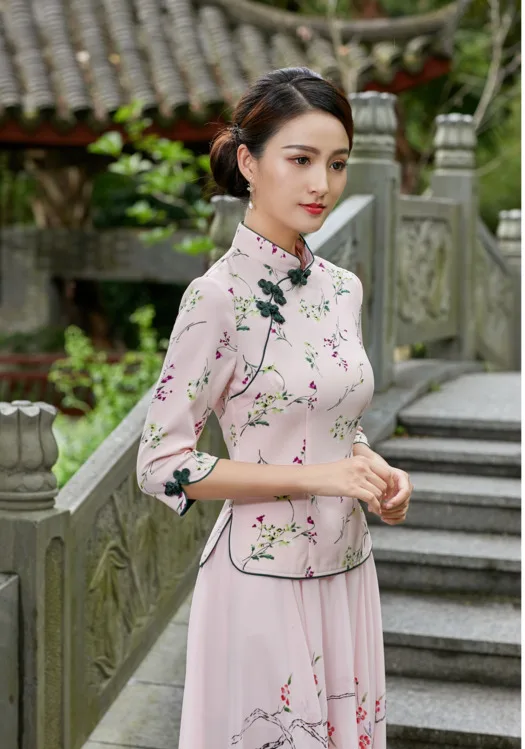Sheng Coco Китайская традиционная одежда Hanfu женская рубашка Ципао Китай Mujer элегантная Древняя китайская блузка Чонсам Цветочные Топы