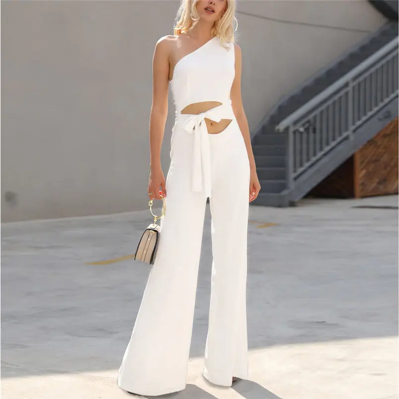  New Summer Women Fit Slim Solid High Waist Lace Up Sexy Off Shoulder Flare Jumpsuits Fashion Holiday Elegant  Jumpsuit #4R07  (10)