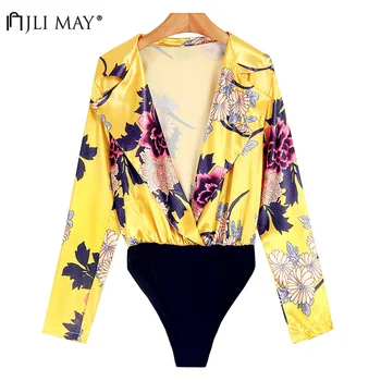 

JLI MAY Silk Printed Long Sleved Bodysuits High Street Deep V-Neck Sexy Bodysuit Women Jumpsuit Romper Streetwear