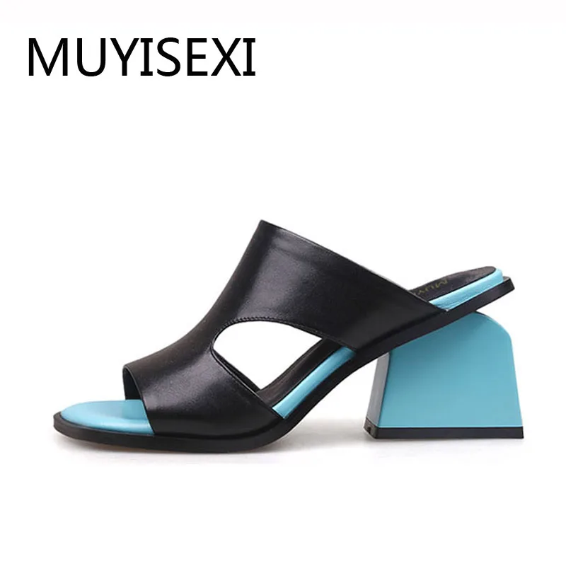 

Summer Slippers Women Genuine Leather Peep Toe Blue Square High Heels Casual Women Shoes Apricot Black L042 MUYISEXI