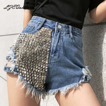 

Spring Summer Cowboy Shorts 2020 Wear Heavy Hollow Hole Crystal Beads High Waist All-match Slim Women Shorts