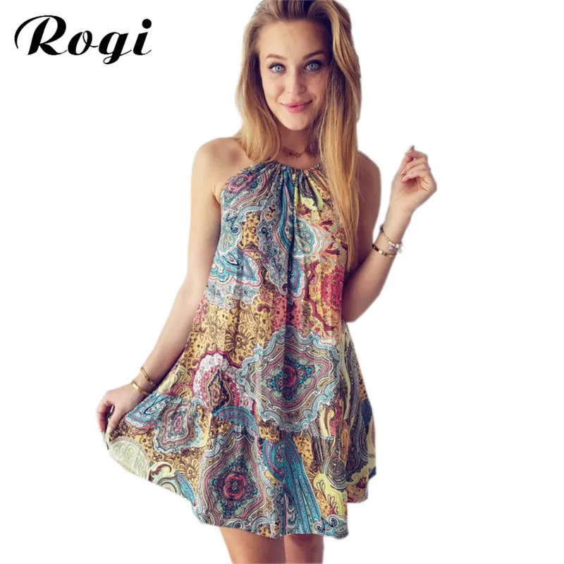 Rogi летнее платье с принтом женское сексуальное без рукавов Boho пляжная туника