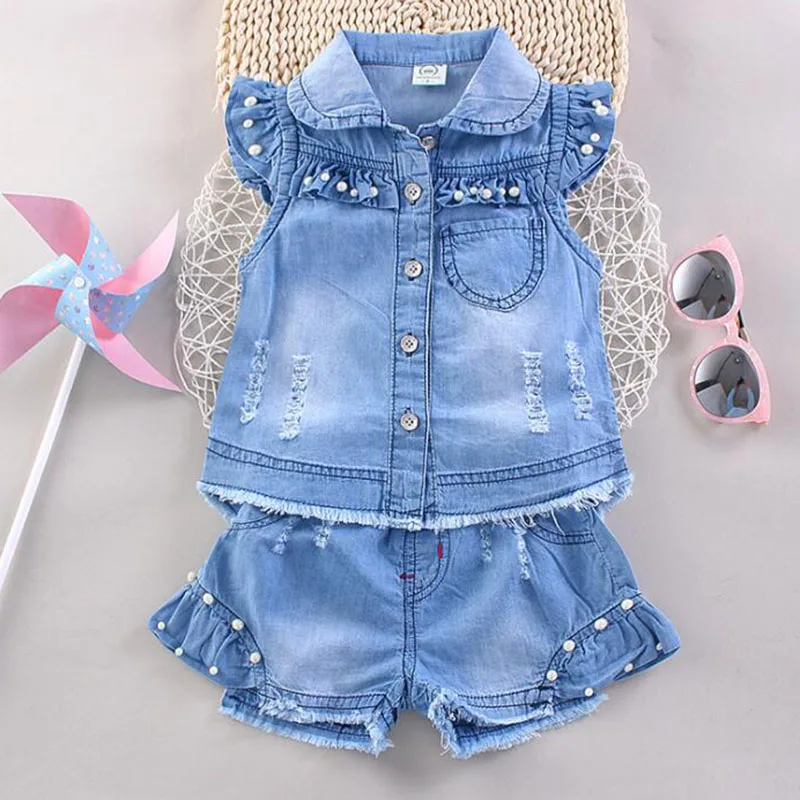 spring girls clothign sets cowboy two-piece suit for girls (2)
