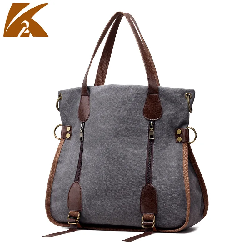 KVKY Women Canvas Handbags Double Zipper Chains Women Shoulder Bags