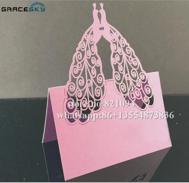 

50Pcs free shipping laser cutting New arrival Peacock Paper Wedding Invitation Seat Name table Cards for party home Decoration