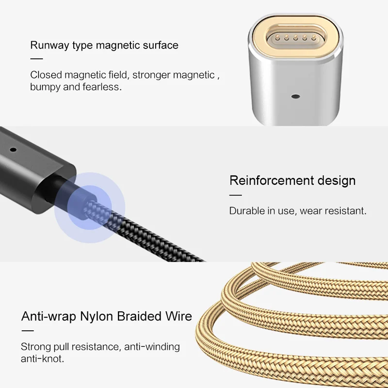 Магнитный кабель USAMS для usb-кабеля type-c золотого цвета, 1,2 м, 2 а/5 В, нейлоновый зарядный кабель, Магнитный зарядный кабель для мобильного телефона