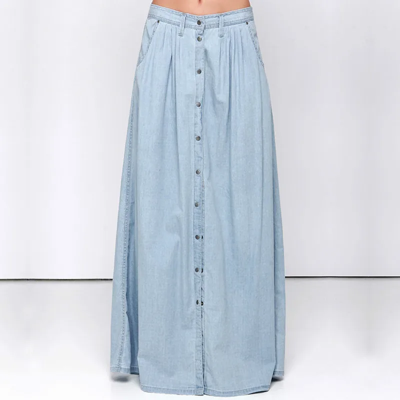 2018 Весна джинсовая юбка для женщин однобортный джинсовые длинные юбки повседневное летний Стиль Высокая талия Длинные юбки для дам плюс