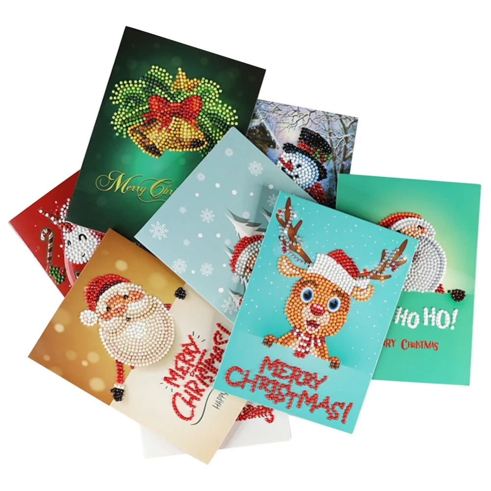 8pcs Set Diamond Painting Christmas Greeting Cards Diamond Mosaic Cartoon Mini Santa Claus Merry Christmas Paper Cards Gift