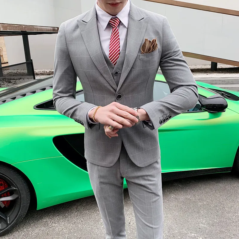 

Spring and autumn new suit men's plaid business casual suit three-piece suit (jacket + pants + vest) wedding dress