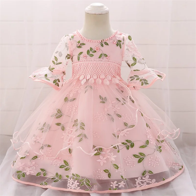 DE PEACH/Новинка г.; платье для маленьких девочек; платье принцессы для крещения; платье для свадебной вечеринки для девочек; вышитое бисером Тюлевое платье для младенцев; Vestidos - Цвет: Розовый