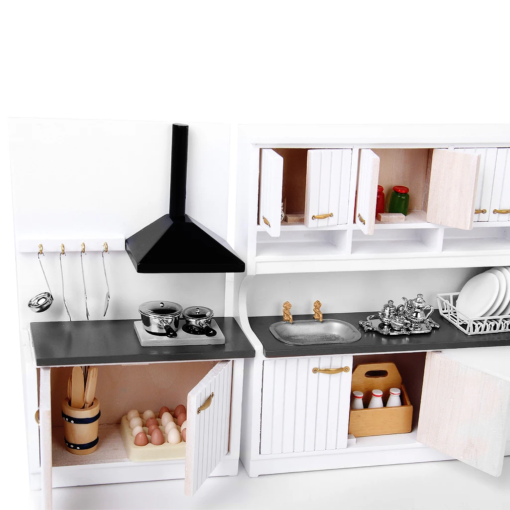 1/12 Miniature Luxury White Sink Cabinet Stove Cabinet Refrigerator Furniture for Dolls House Kitchen Decoration