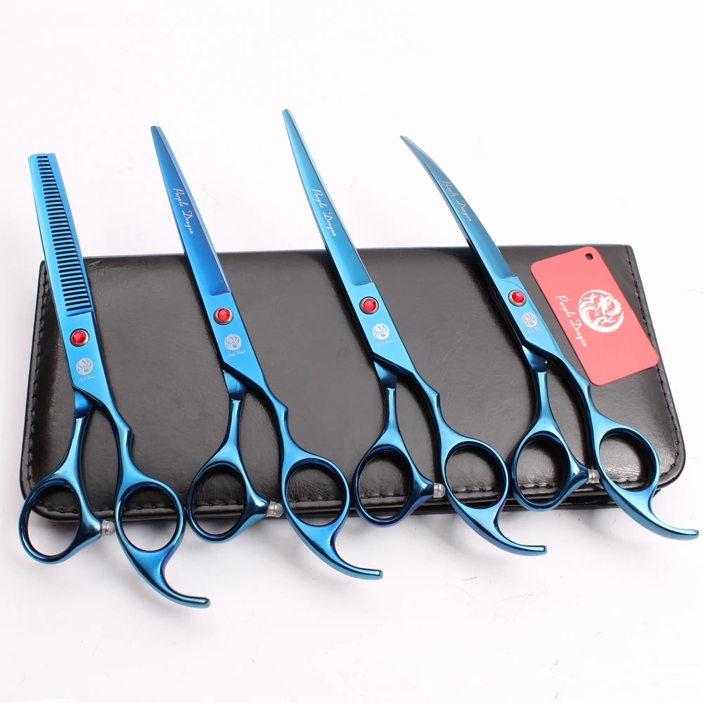 

Z3003 4Pcs Set 7'' Blue Color Pets Hair Suit Cutting Shears + Thinning Scissors + Professional Dogs Cats Up/Down Curved Shears