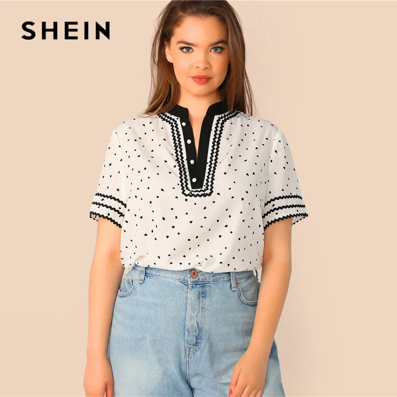 

SHEIN Plus Size Button V-Cut Neck Wave Tape Trim Blouse Women Summer White Casual Heart Print Top Contrast Collar Stripe Blouses
