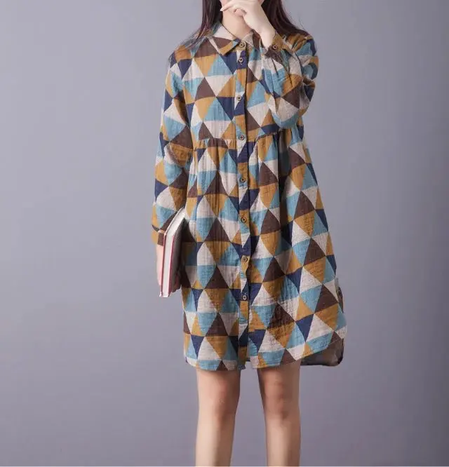 Women Geometry Pattern Preppy Style Cotton Linen Dresses Causal Ladies Peter Pan Collar Single-breasted Bat Sleeve Autumn Dress