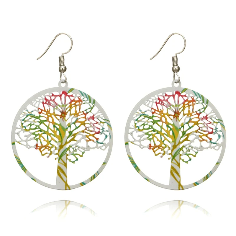 

New Style Jewelry Drop Earring Hollow Out Colorful Life Tree Dangle Hoop Ear Stud