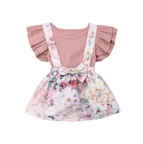 Одежда для маленьких девочек; детский топ для маленьких девочек; комбинезон+ юбка на подтяжках с цветочным принтом; комплект одежды из 2 предметов