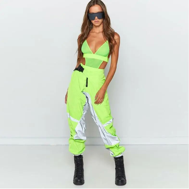 

High waist elastic streetwear reflective trousers women